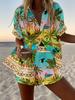 Cartoon parrot island style suit female, casual and versatile, comfortable and breathable beach two-piece set