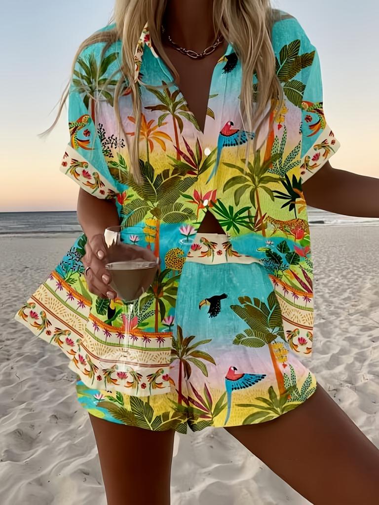Cartoon parrot island style suit female, casual and versatile, comfortable and breathable beach two-piece set