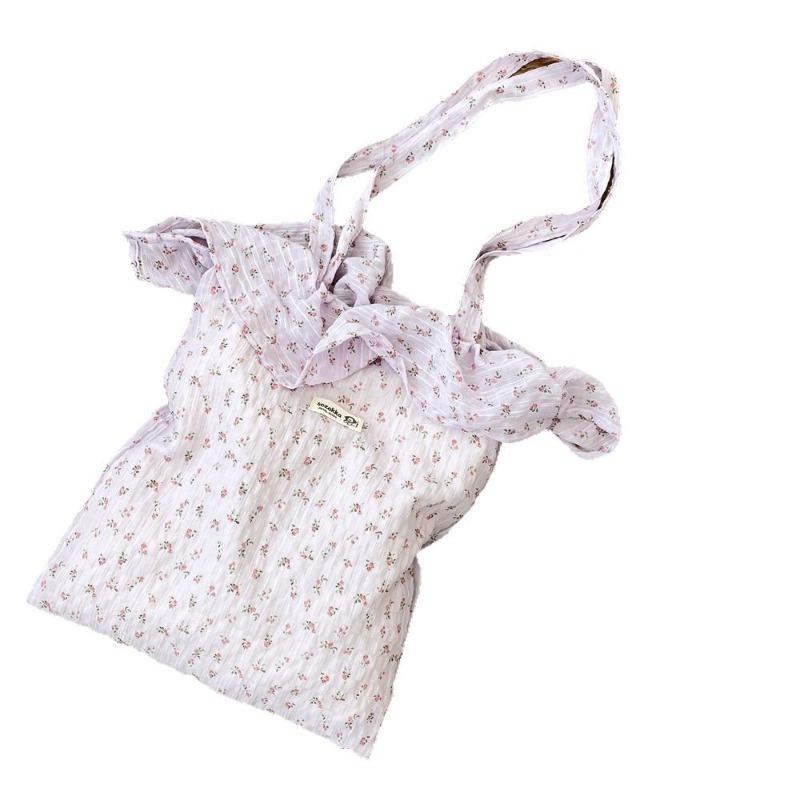 22 Fresh and Sweet Floral Lotus Leaf Edge Shoulder Bag Large Capacity Student Class Bag Fashionable Chiffon Tote Bag