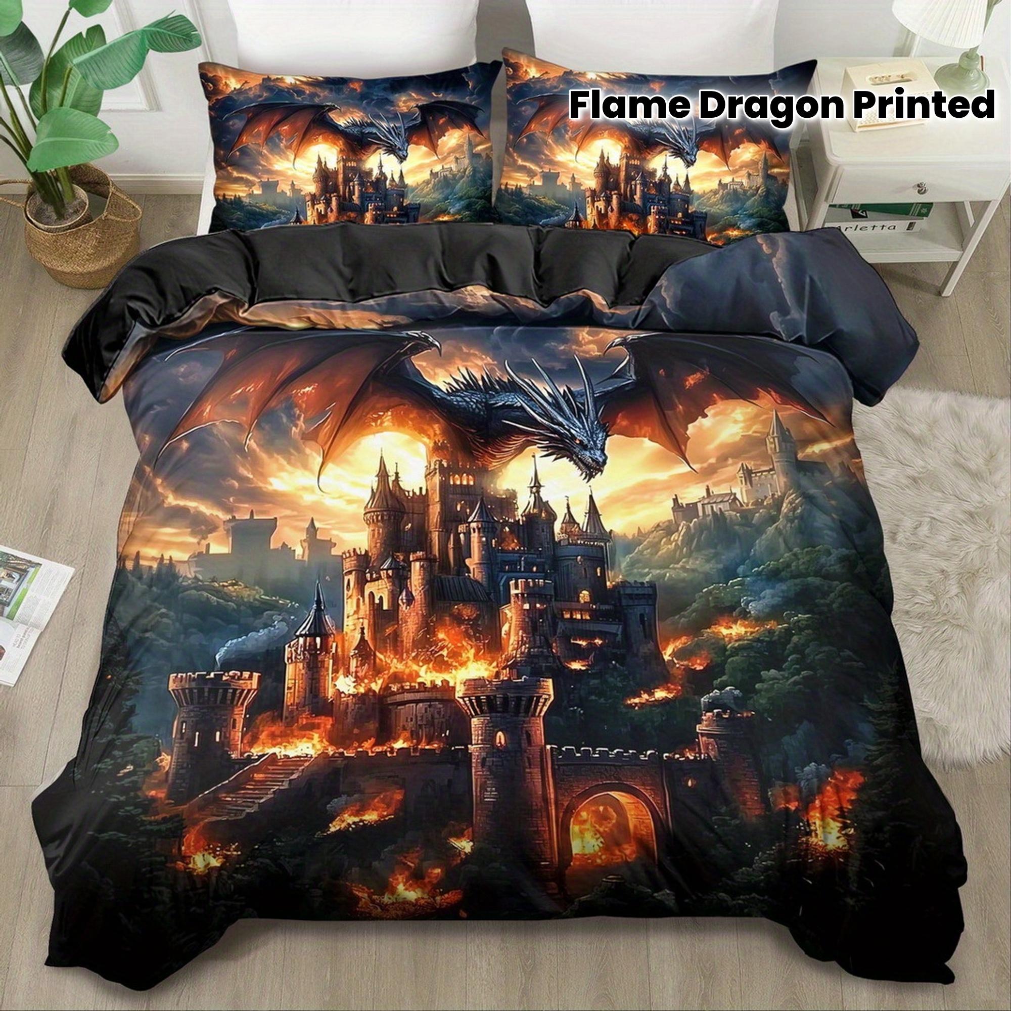 

2/3pcs Quilt Cover Set, Fantasy Flame Dragon Printed Duvet Cover Set, King Queen Style Bedding Set, Polyester Machine Washable (135x200cm)