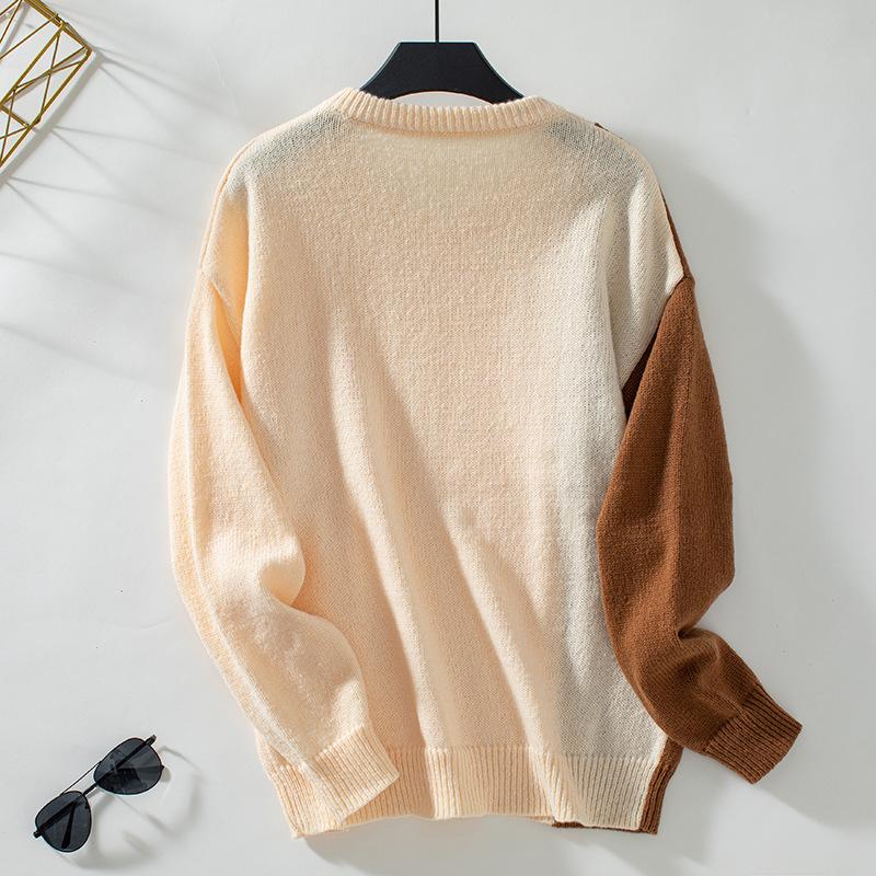 Women's Patchwork Contrasting Crewneck Sweater for Autumn and Winter Vintage Loose Knit Pullover Twist Sweater