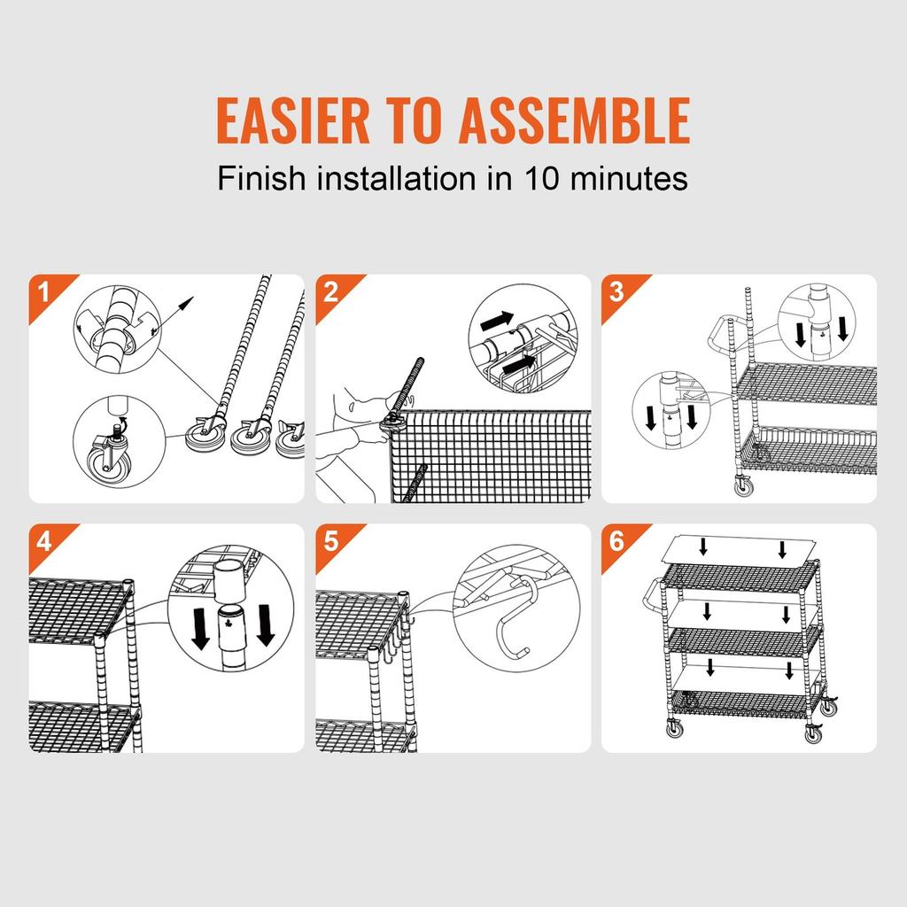 Kitchen Utility Cart, 3 Tiers, Wire Rolling Cart with 661LBS Capacity, Steel Service Cart on Wheels, Metal Storage Trolley with 80mm Basket Curved