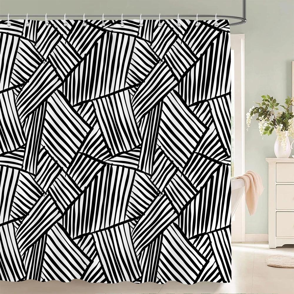 1 Pc Black White Geometric Print Polyester Shower Curtain Waterproof Fabric Partition Bathroom Curtain ,Decoration Bath Curtain