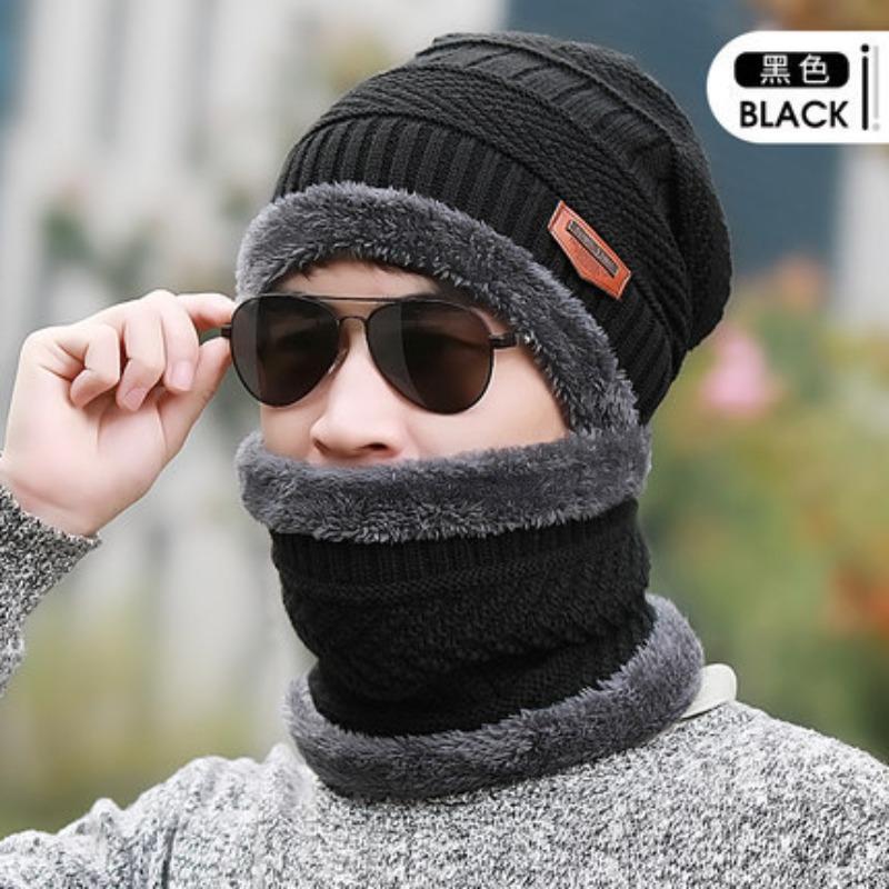 Suit Hat Men's Winter Scarf Gloves Three-piece Scarf Integrated Fleece Warm Winter Knitted Hat