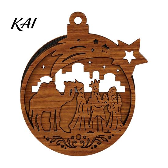 Natural Log Craft Gifts 3D Wooden Light Up Christmas Ornament, Layered House Tree Snowman Wood Engraving Decor Nativity Scene Hanging Decoration