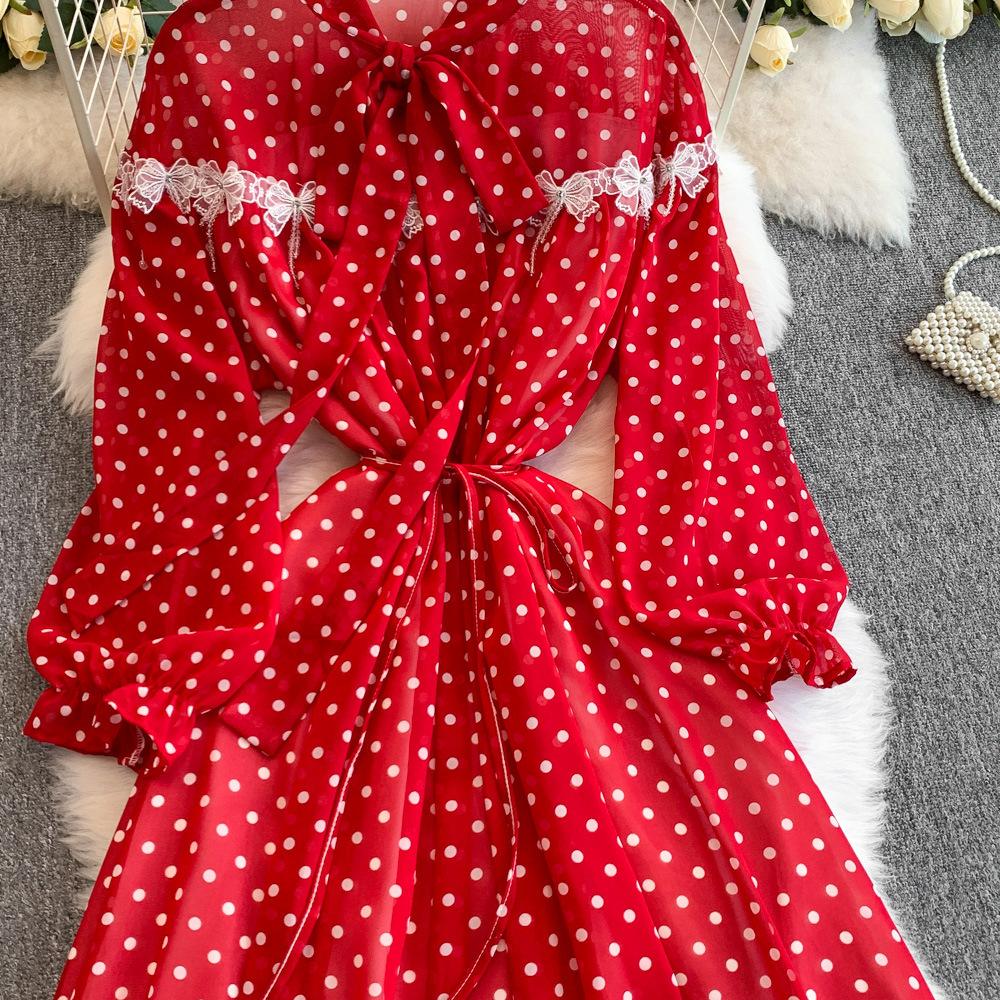 Women's Lace Bow Lantern Sleeve Dress A Summer Waist-cinching and Slimming Dress