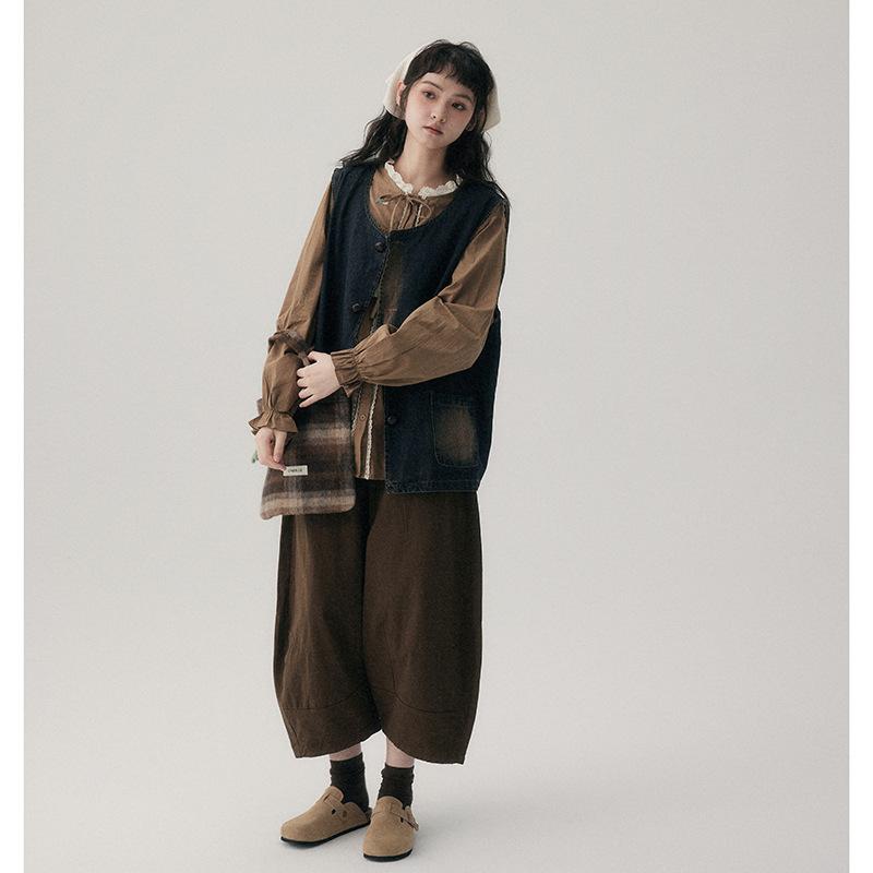 Johnature Spring Japanese Loose Wide-leg Pants Women Cropped Casual Harem Pants