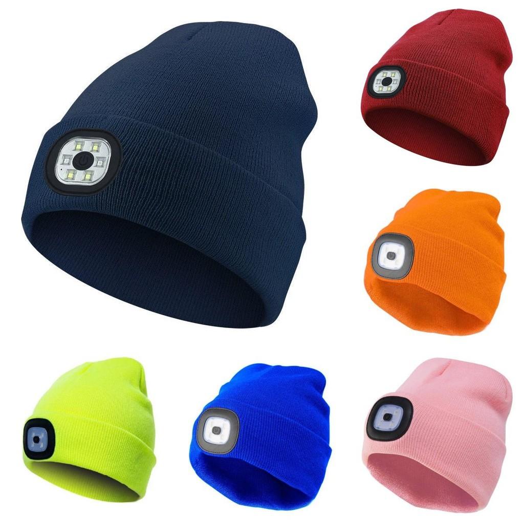 Black Led Knitted Beanie For Outdoor Night Running With Rechargeable Light Feature