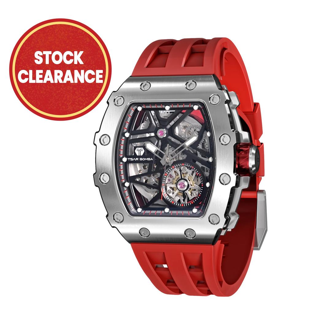 TSAR BOMBA Men's Skeleton Quartz Watch Japanese Movement Sapphire Crystal Red Silicone Strap 50M Water Resistant