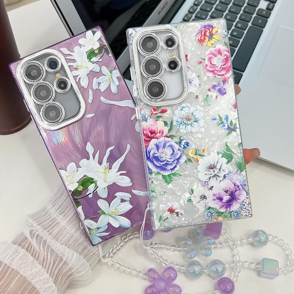 Suitable for Samsung S25 Ultra Mobile Phone Case Electroplated Flower and Grass S24FE with Bracelet Flash Powder Lens Film A56 Protective Case