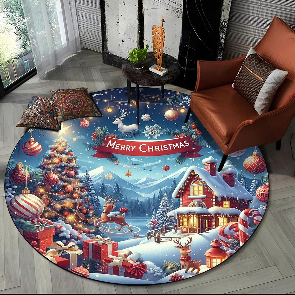 Cartoon Weihnachtsmann Frohe Weihnachten Schneemann Neujahr Runder Teppich für Schlafzimmer Wohnzimmer Sofadekoration, Dekor Bodenteppich