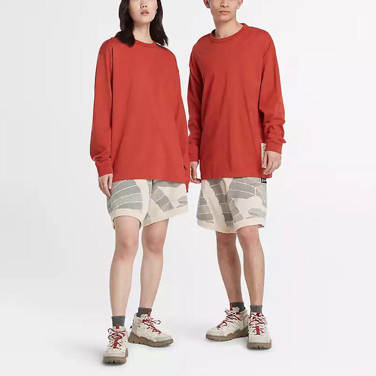 Timberland Pattern Print Crew Neck Long Sleeve T-Shirt Unisex Tops Red A6BM2-DL9