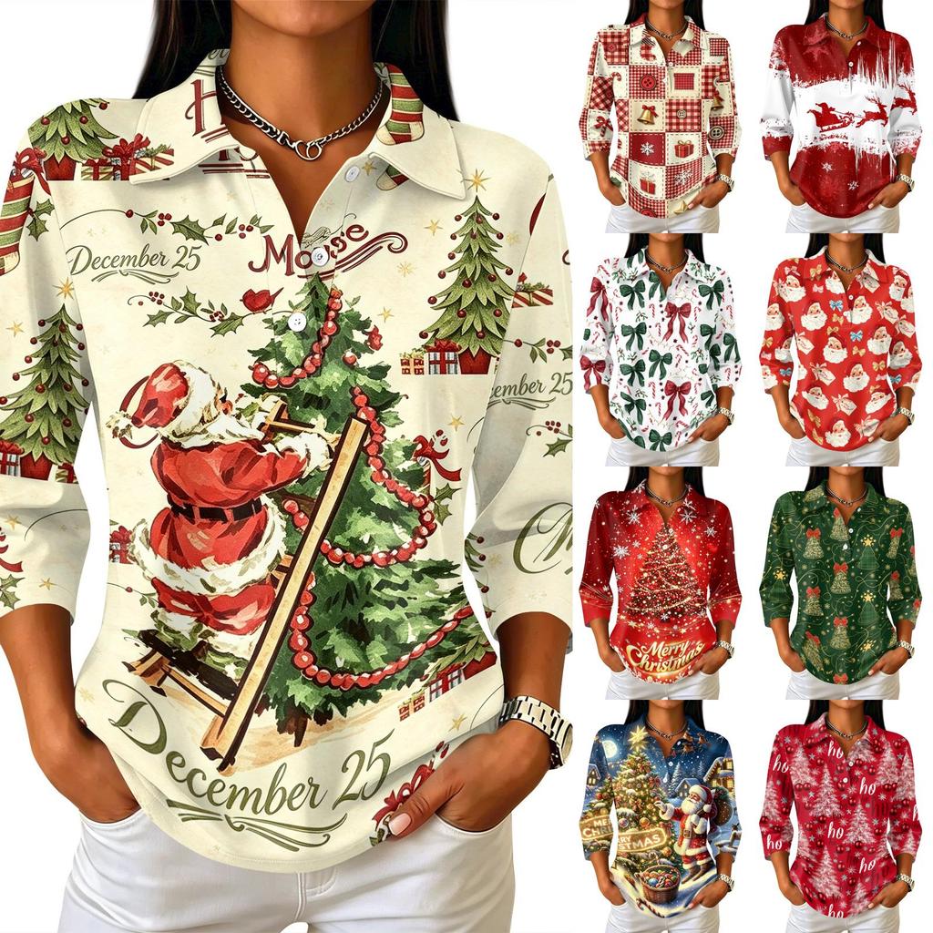 Women's Casual Christmas Print Collared Top with Button Front and Three-Quarter Sleeves