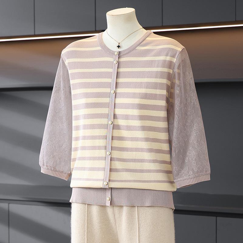 Trendy Spring Striped Knit Top for Moms - New Style for Middle-Aged and Elderly Women, Lightweight Base Layer Shirt