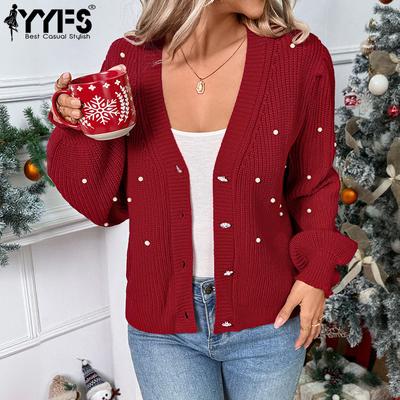 Damen Mode Lässig Herbst Winter Gepunktet Langarm V-Ausschnitt Pullover