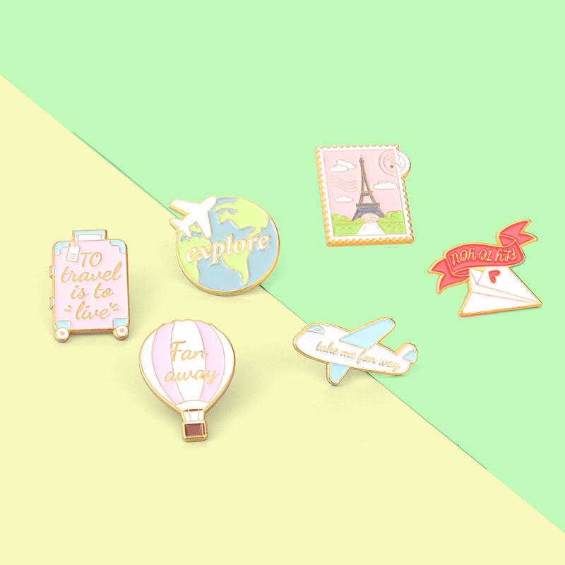 Cartoon Plane Earth Air Balloon Enamel Pin Brooch Cartoon Women Men Denim Jackets Lapel Pins Backpack Badges Kids Fashion Je