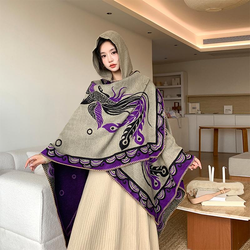 Winter Women Scarf Hooded Layers Poncho Elegant Lady Retro Print Warm Wrap Shawl Scarve Capa Para Mujer Pashmina Cloak Fashion