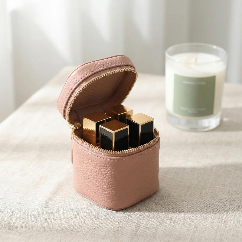 Bolsa de Cosméticos de Couro Vintage Bolsa de Armazenamento de Batom e Moedas Balde de Armazenamento Portátil para Viagem Porta-Moedas Redondo Mini Personalidade