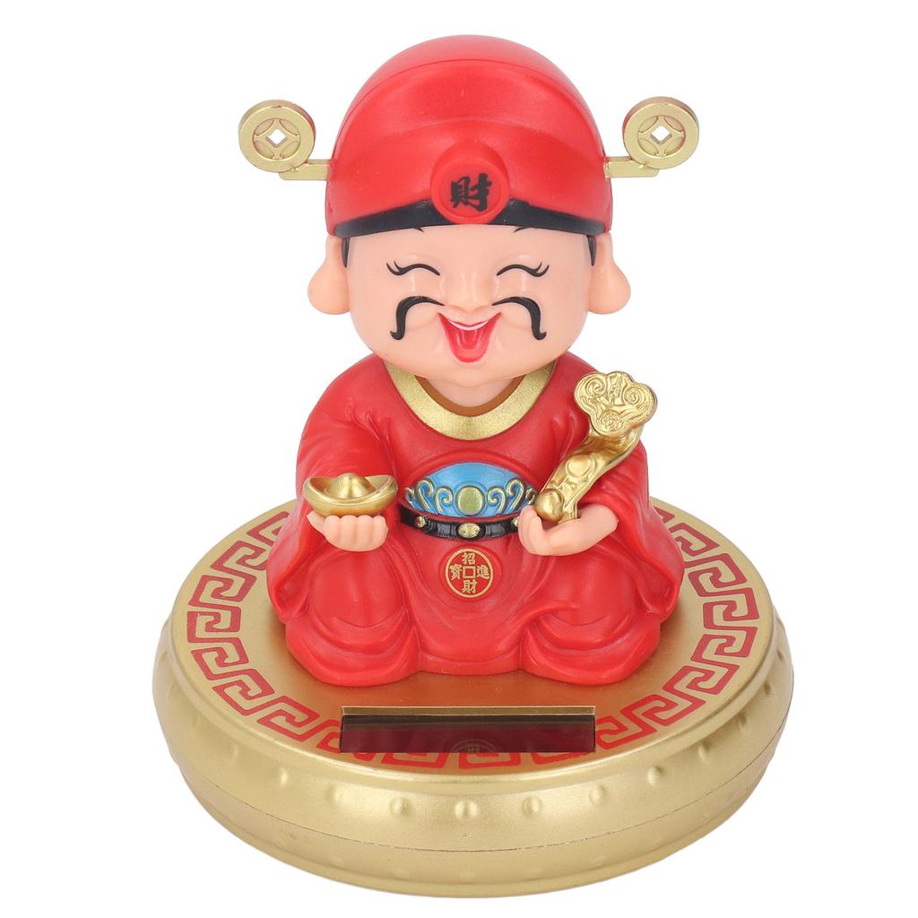 God of Wealth Figurine Solar Powered Automatic Nodding Durable Plastic Cai Shen Statue for Home Car