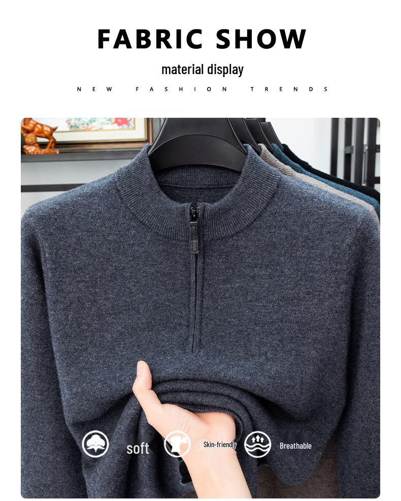 Men's Thick Wool Base Layer Sweater with Half-High Collar and Zipper - Perfect for Autumn and Winter Warmth