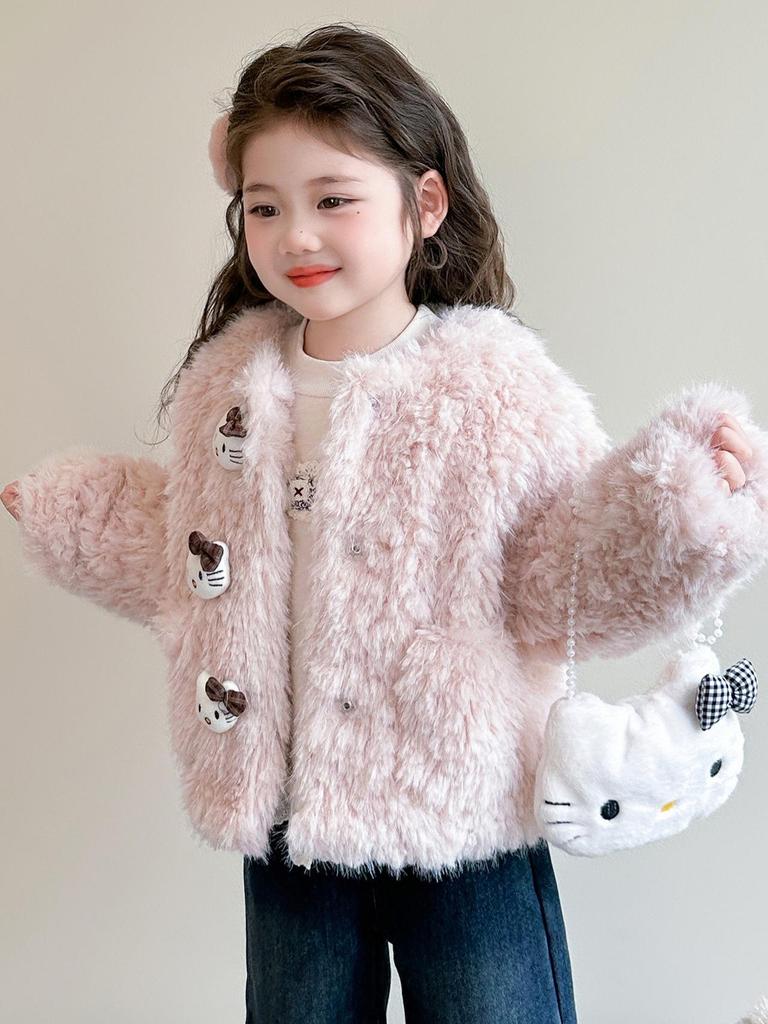 Girls' Faux Fur Fuzzy Coat - 2025 Fashionable Fleece-Lined Autumn/Winter Sweater for Children