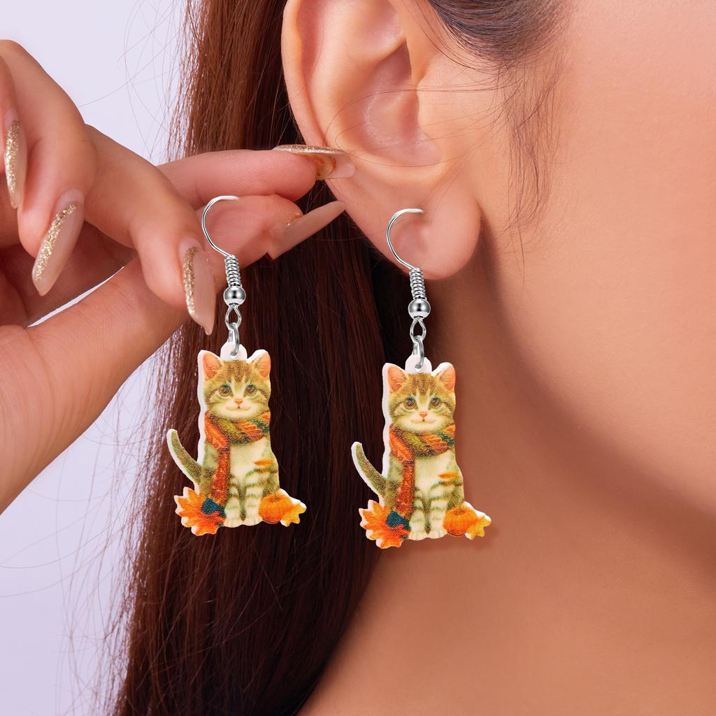 Cartoon Scarf Cat Print Acrylic Earrings for Women  Cute Squirrel Pine Cone Pendant Earrings Unique Jewelry Accessories