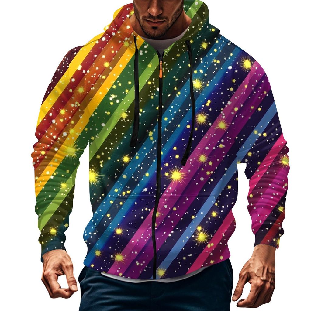 Men's Sports Casual Fleece Hoodie Carnival Print Hoodie Cardigan Zipper Multi-pocket Hoodie Coat