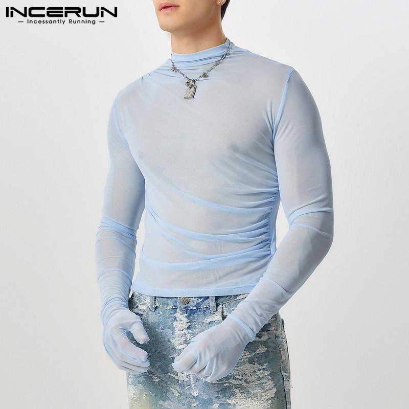 INCERUN Men Long Gloves Sleeve See Through Tops Club Party Mesh Skinny T-Shirts