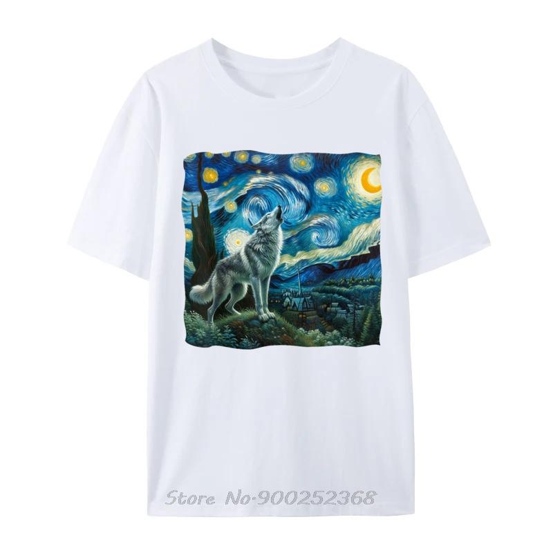 Wolf Starry Night Howling Moon Funny TShirt Oversized Casual Tshirt New Summer Tees Cotton Fashion T Shirt Men Clothing S