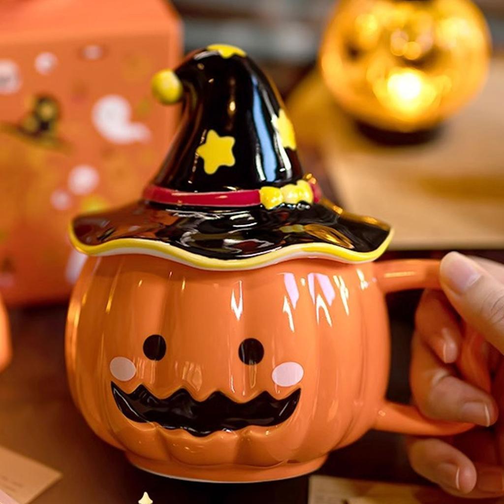 Halloween Pumpkin Shaped Ceramic Mug With Lid Creative Design Perfect Gift For Parties Home Office Use
