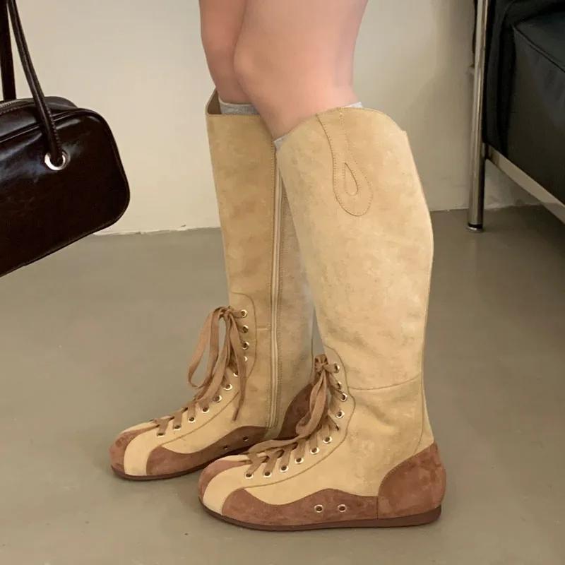 Fashion Eilyken Winter Designer Mixed Color Cross Lace-up Women Knee-High Boots Punk Style Round Toe Zipper Flat Heels Shoes