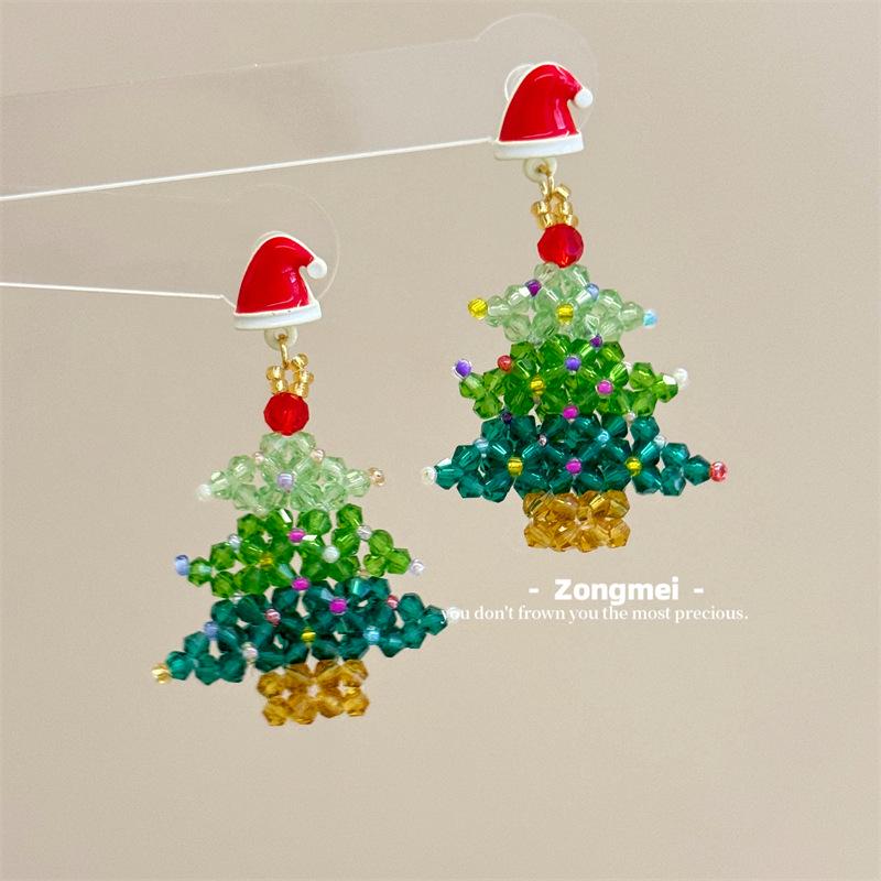 3D Christmas Tree Earrings with Red Bow - Heavy Beaded Crystal Ear Clips, Hand-Woven Holiday Accessories