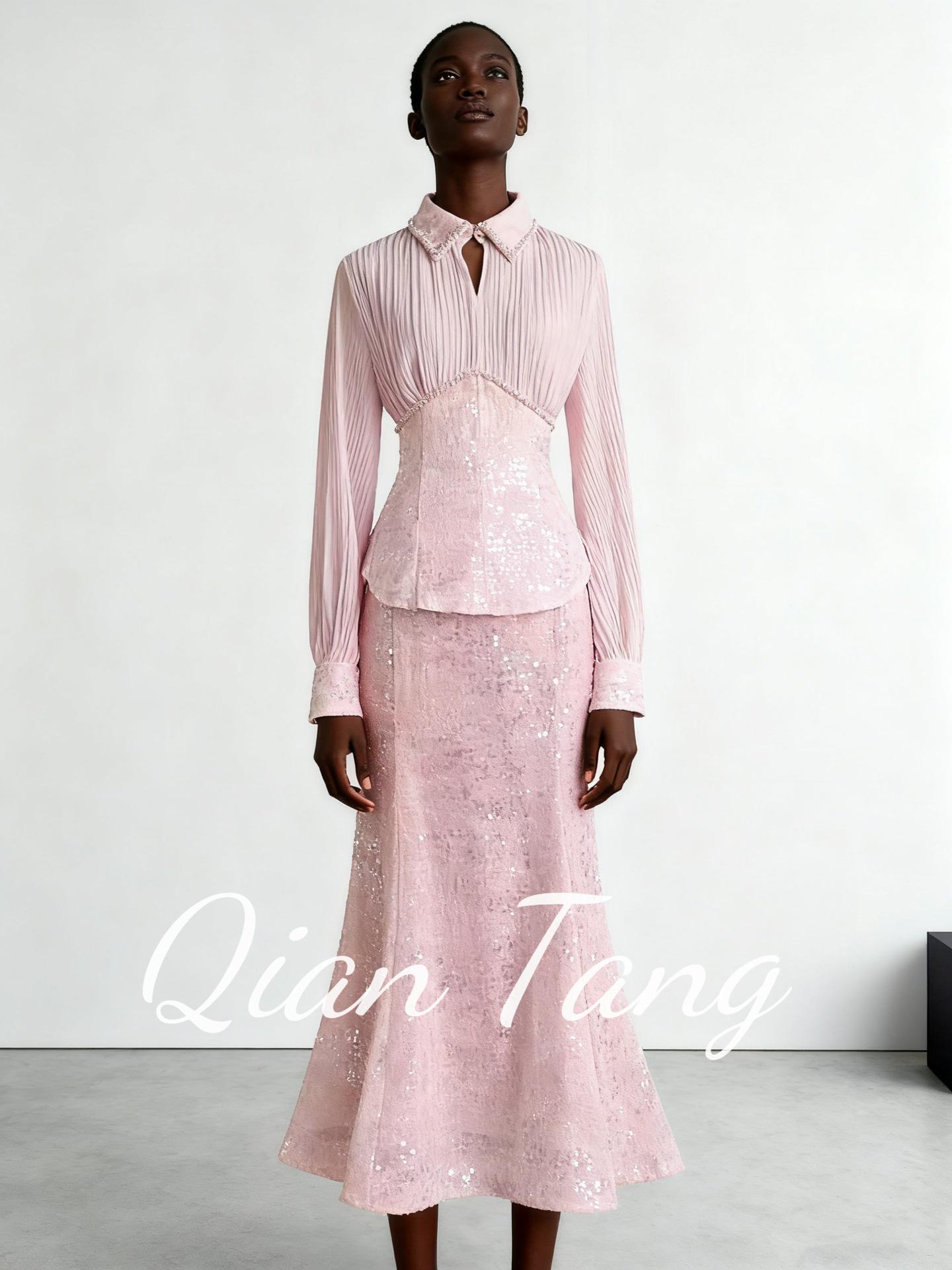 

Australia Europe Silk Pleated Waist Shirt & Sequined Mermaid Skirt - New Fashion Runway S белый