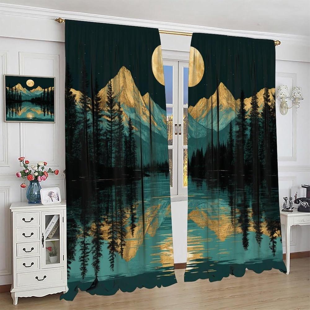 2 Panels Rustic Mountain Forest Blackout Curtains - Thermal Insulated Window Drapes with Night Moon Lake Landscape   Light Filter