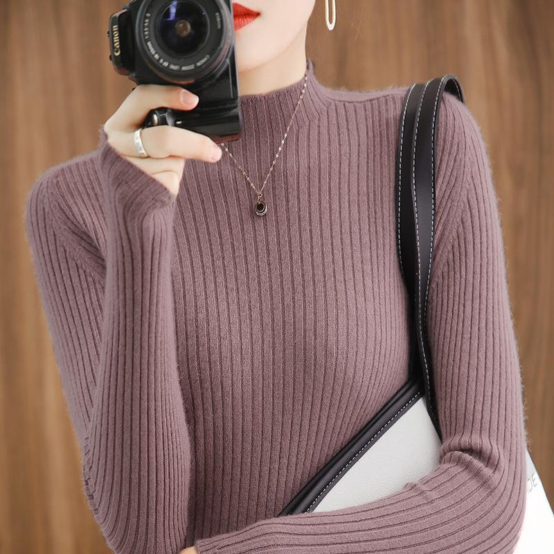 New Autumn and Winter Tight-fitting Slim Sweater Half Turtleneck Bottoming Shirt Women's Short Pullover Sweater Solid Color