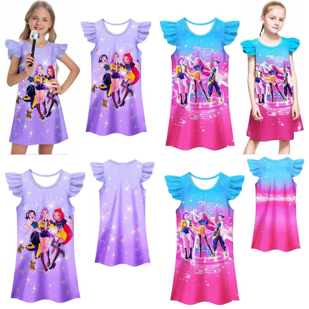 Kpop Demon Hunters Pattern Girl Sleep Dress With Cartoon Pattern For Kids Summer Wear