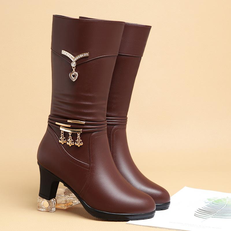 Women Comfortable Fleece Medium Boots Autumn Winter New Style Thick Heel Side Zipper Pointed Fashion High Heels Boots Elegant