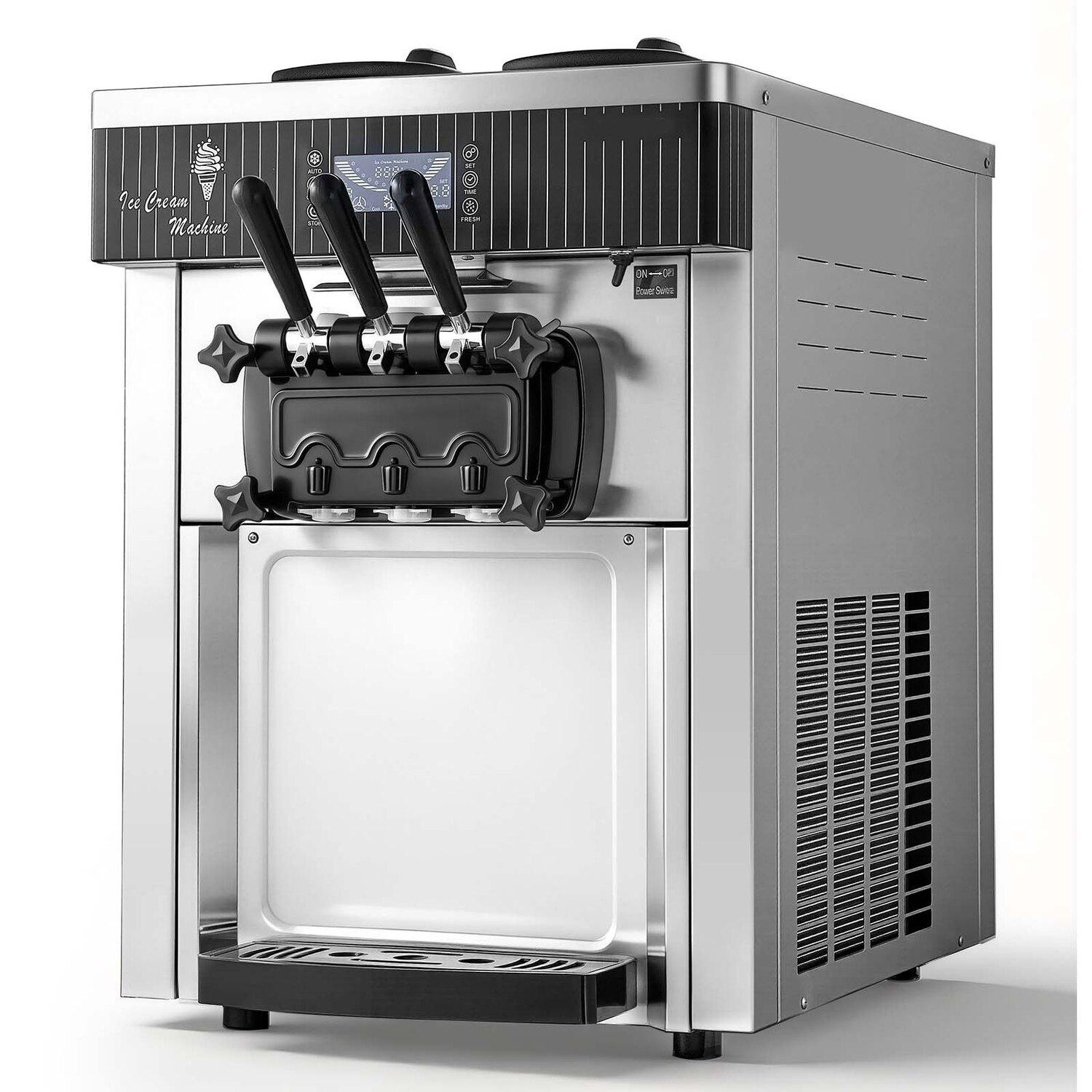Mașină Comercială de Înghețată, Capacitate 20-28L/H, 2200W, 3 Arome, Model de Blat pentru Înghețată Soft Serve cu 2 x 6L Rezervoare & Agitare Rezervor, Pre-Răcire