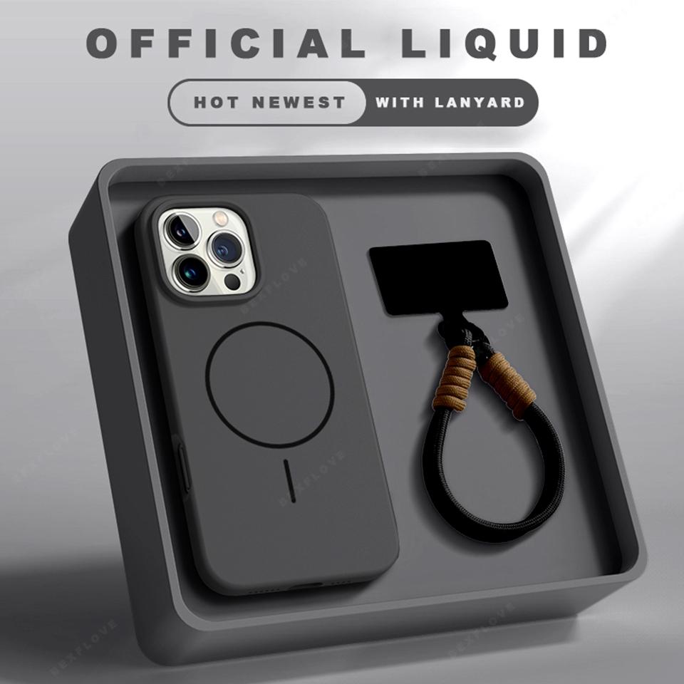 Official Lanyard Magnetic Phone Case For iPhone 15 14 16 Plus 11 12 13 16 Pro Max Silicone Magsafe Strap Protector Soft Cover