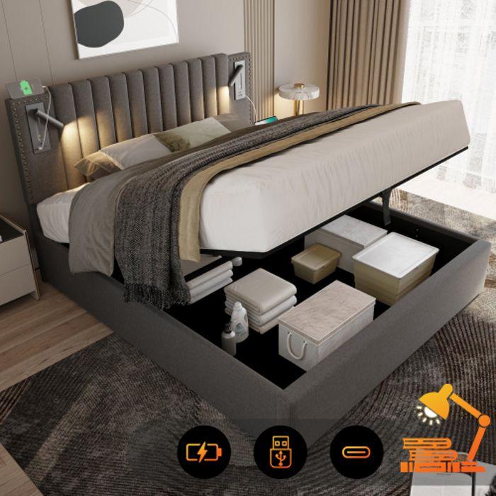 Lit Rembourré 140x200, Avec USB Et Liseuse, Tête De Lit, Dossier Avec Design De Rivets, Coton, Gris (avec Matelas)
