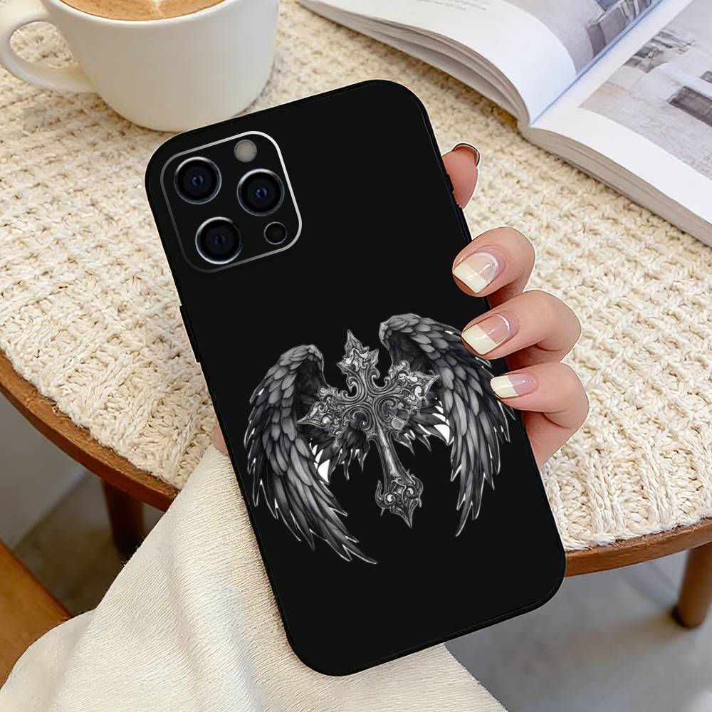 Gothic T-Cyber Sigil Cross Phone Case For iPhone 17, 16,15,14,13,12,11 Plus,Pro Max, Others Soft Black Cover