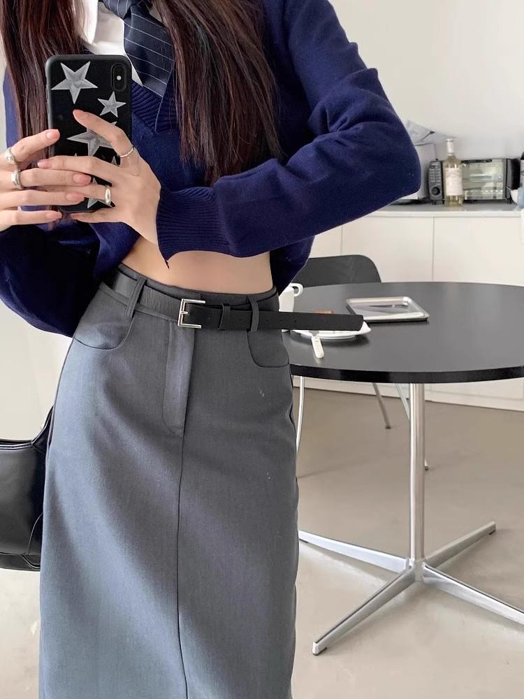 Gray High-Waist Slim Straight Skirt for Women - Versatile Retro Mid-Length Spring/Summer Hip Skirt