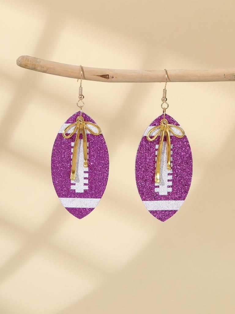 European-American Super Bowl Sporty PU Leather Football Earrings with Alloy Bowknot