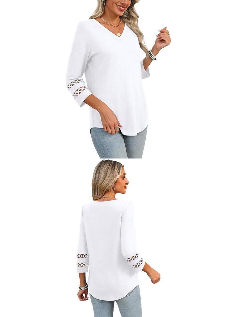 2026 Women's Fashion Solid Color V-Neck Loose Three-Quarter Sleeve Round Neck Hollow-Out Casual Top