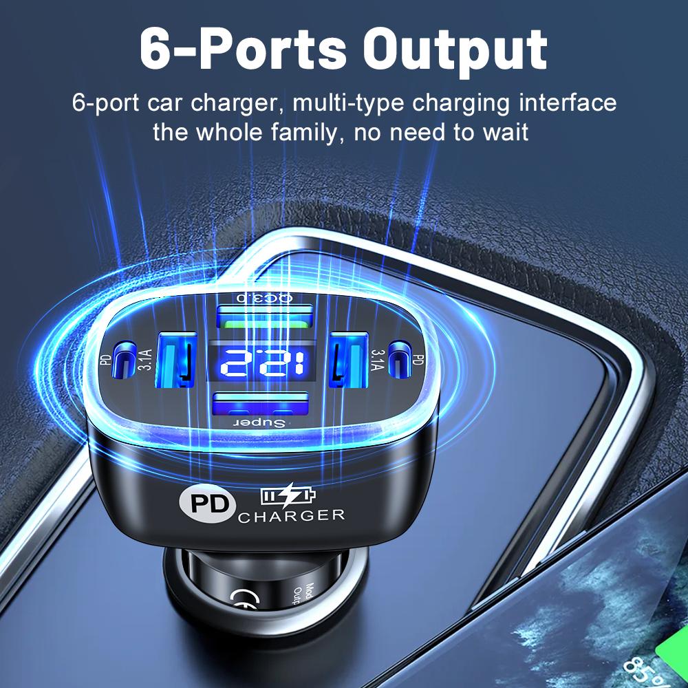 100W 6 Ports Car Charger 4 USB+2 PD Fast Charging QC3.0 USB C Car Phone Charger Type C Adapter In Car For iPhone Samsung Huawei Xiaomi