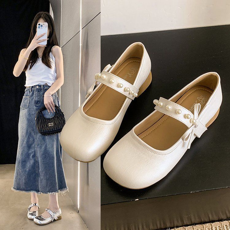 

Туфли Мэри Джейн с бантом Женские 2025 Новые Поздний вечерний ветер Балетки с юбками Мягкая подошва Туфли Дуду 40 бежевый