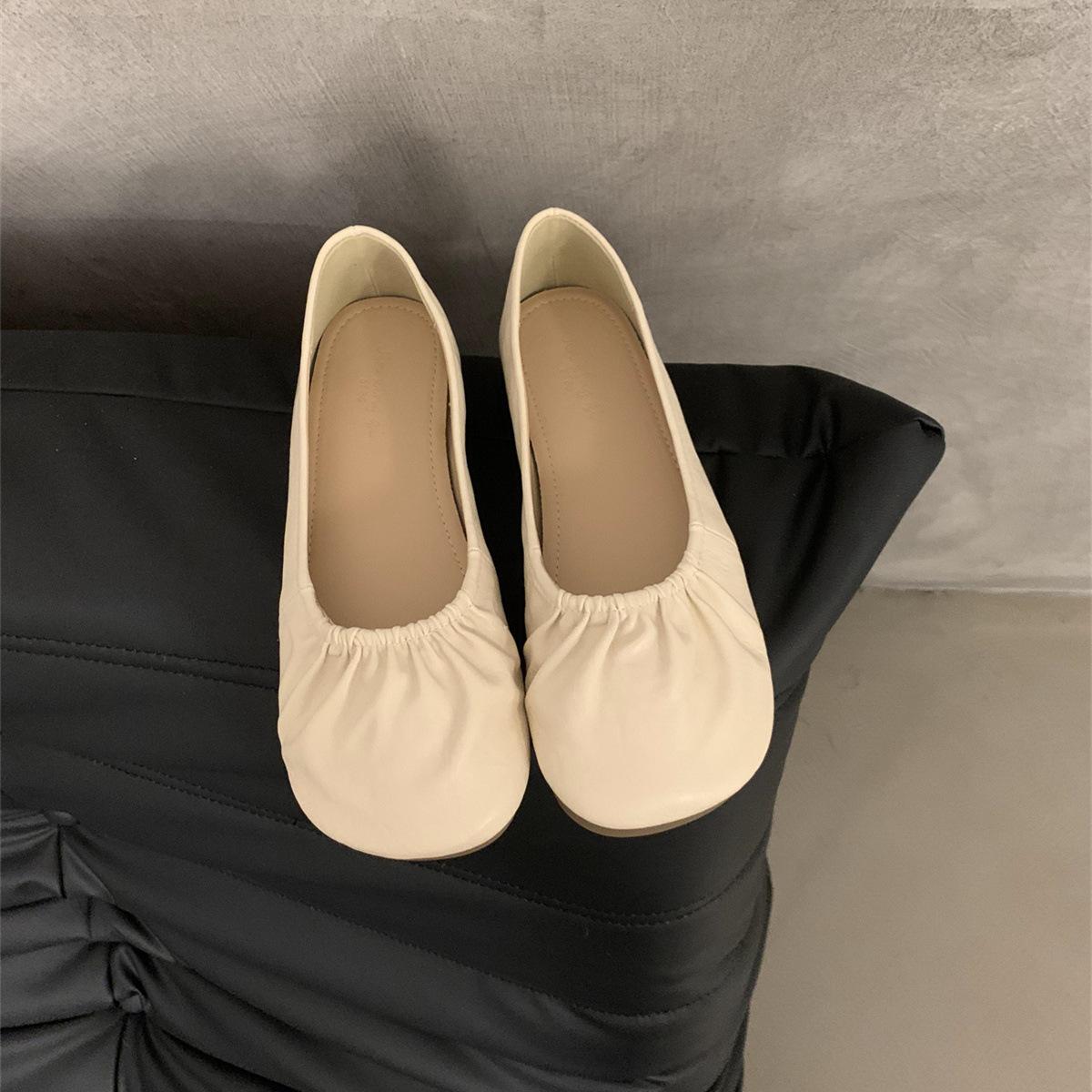 

Ретро плиссированные туфли-лодочки с круглым носком и неглубоким вырезом, женские, лето 2025, новые, нежные, подходящие к юбке, на плоской подошве, туфли-дуду для бабушки 39