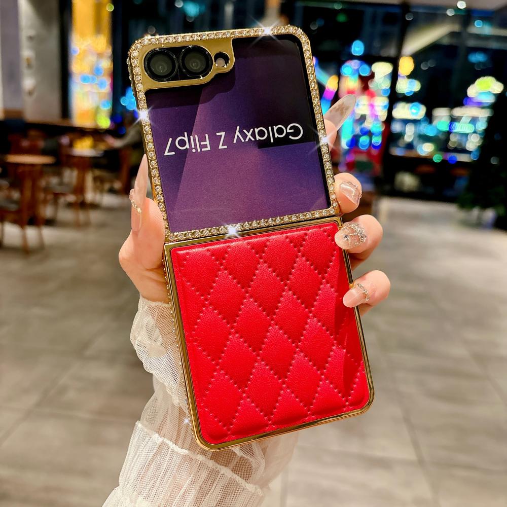 Lambskin Quilted Leather Case For Samsung Galaxy Z Flip 7 6 5 4 3 Cover Bling Diamond Shockproof For Samsung Galaxy 7 6 5 Z Flip