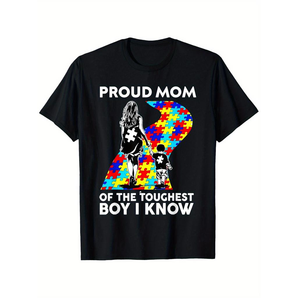 Proud Mom Autism Awareness Puzzle Ribbon Graphic Tee Soft Cotton Casual TShirt For Unisex
