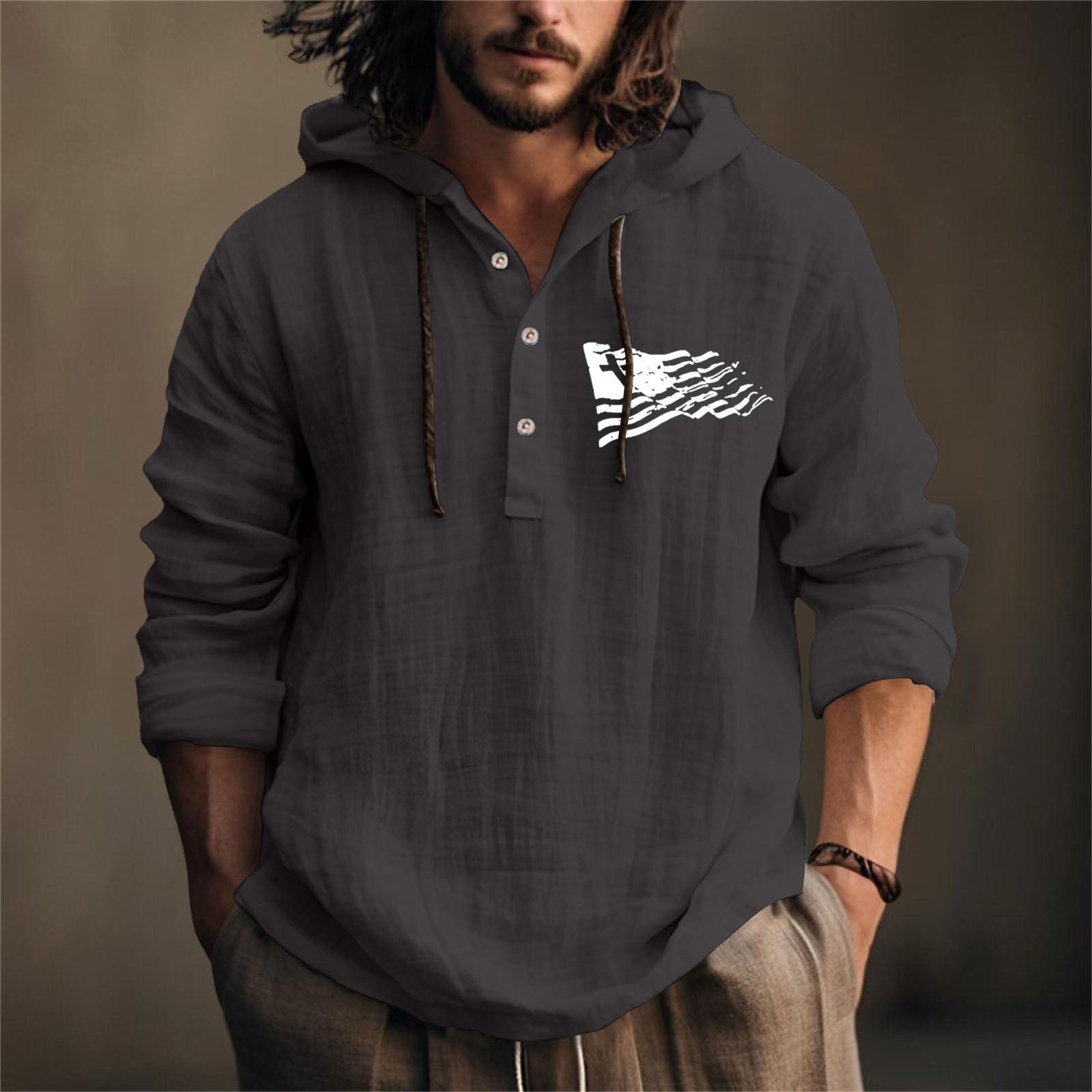 

День Незалежності Друкована Чоловіча Бавовняна та Лляна Сорочка З Капюшоном З Довгим Рукавом З Капюшоном Весна І Літо Повсякденний Одяг M